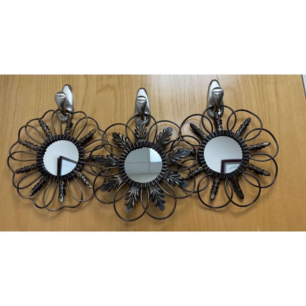 Lot of 3 Vintage Metal Flower Shaped Hanging Mirrors with Leaves Home Decor